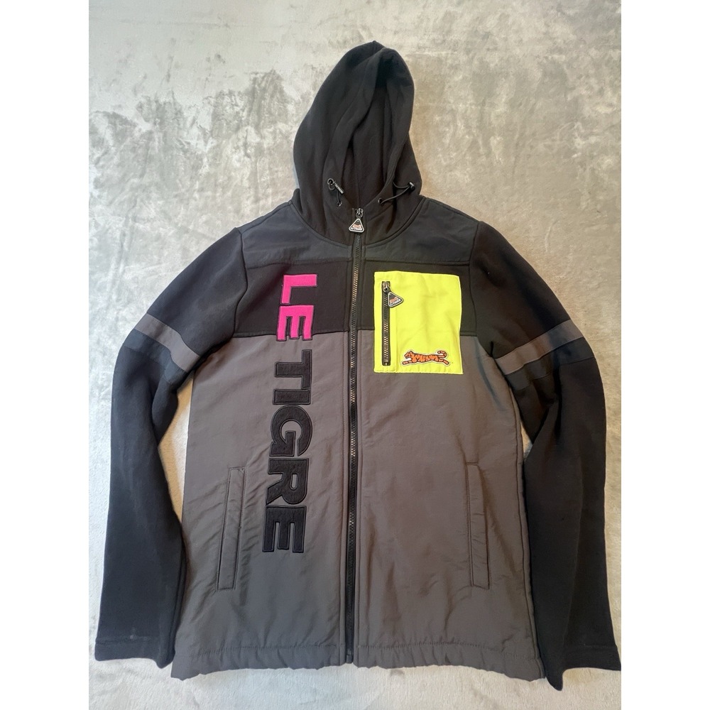 Le Tigre Jacket Womens Small Black Gray Hooded Full Zip Soft Shell Windbreaker
